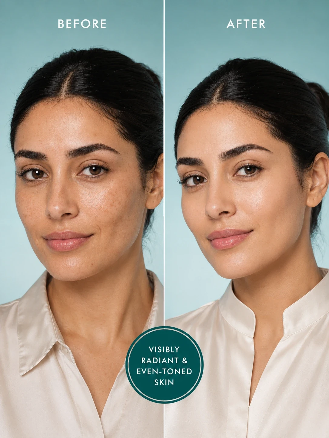 Before and after of TASANO Nila Clay Mask showing radiant even toned skin