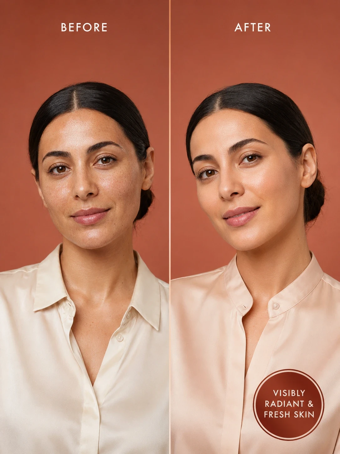 Before and after of TASANO Red Clay Mask showing visibly radiant fresh skin