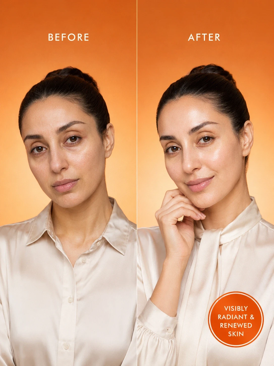 Before and after of TASANO Vitamin C Mask showing visibly radiant renewed skin