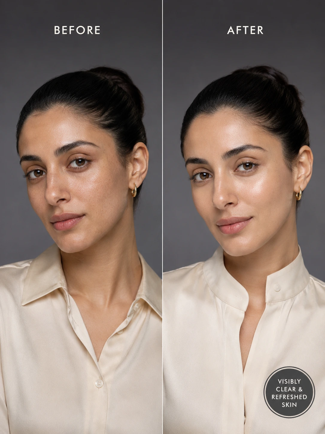 Before and after of TASANO White Clay Mask showing clear refreshed looking skin