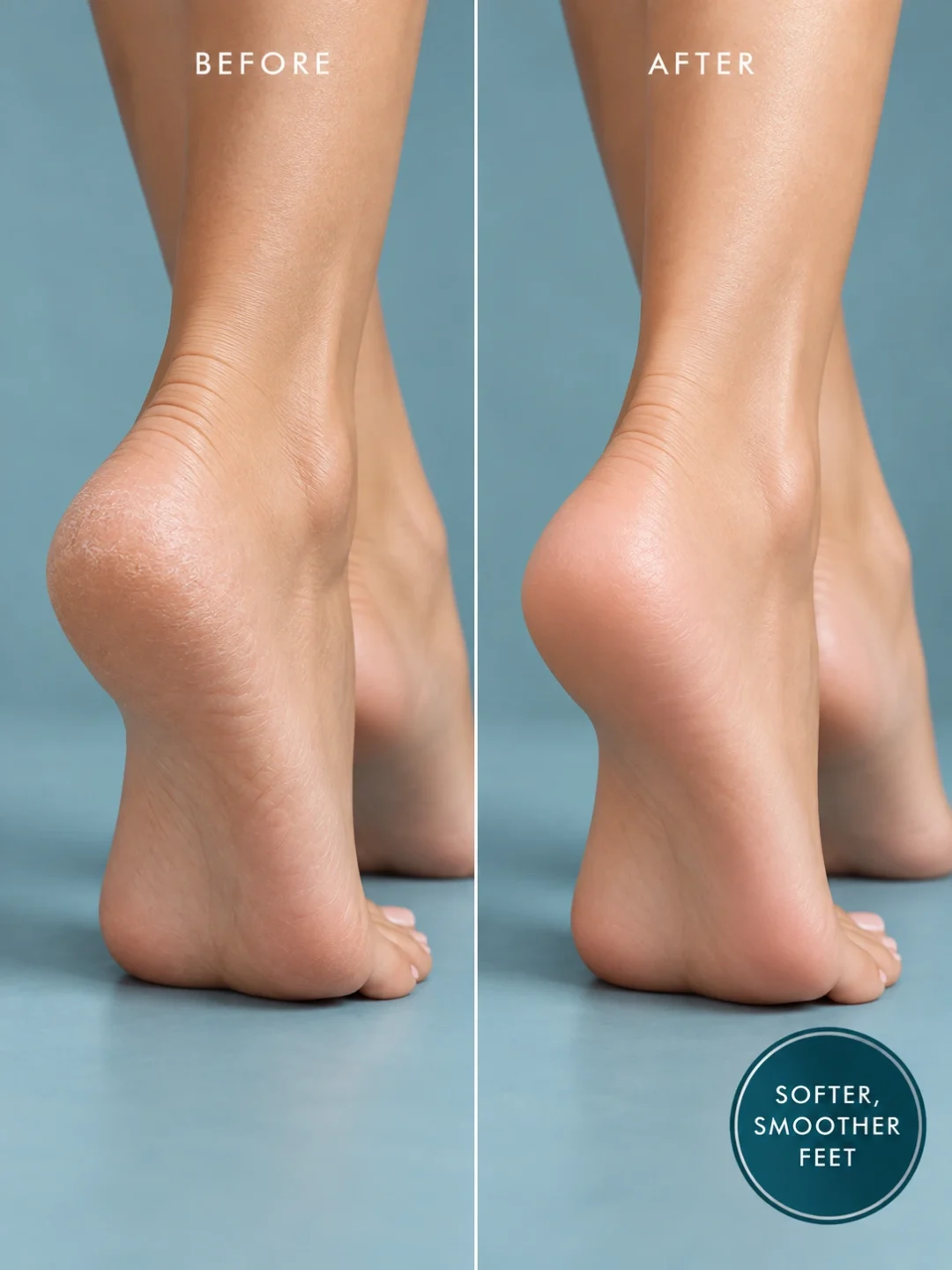 Foot scrub before and after for dry cracked heels, calluses and smoother softer feet Foot scrub before and after for dry cracked heels, calluses and smoother softer feet