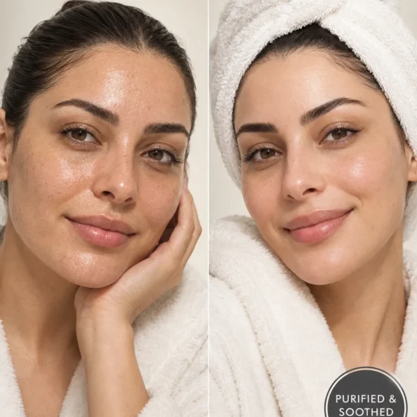 White Clay Mask before and after for dull oily skin, smoother texture and fresh clear-looking skin White Clay Mask before and after for dull oily skin, smoother texture and fresh clear-looking skin