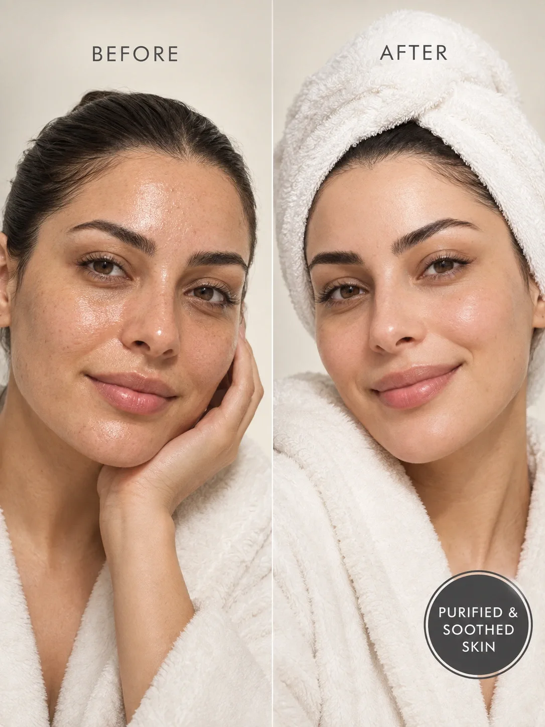 White Clay Mask before and after for dull oily skin, smoother texture and fresh clear-looking skin