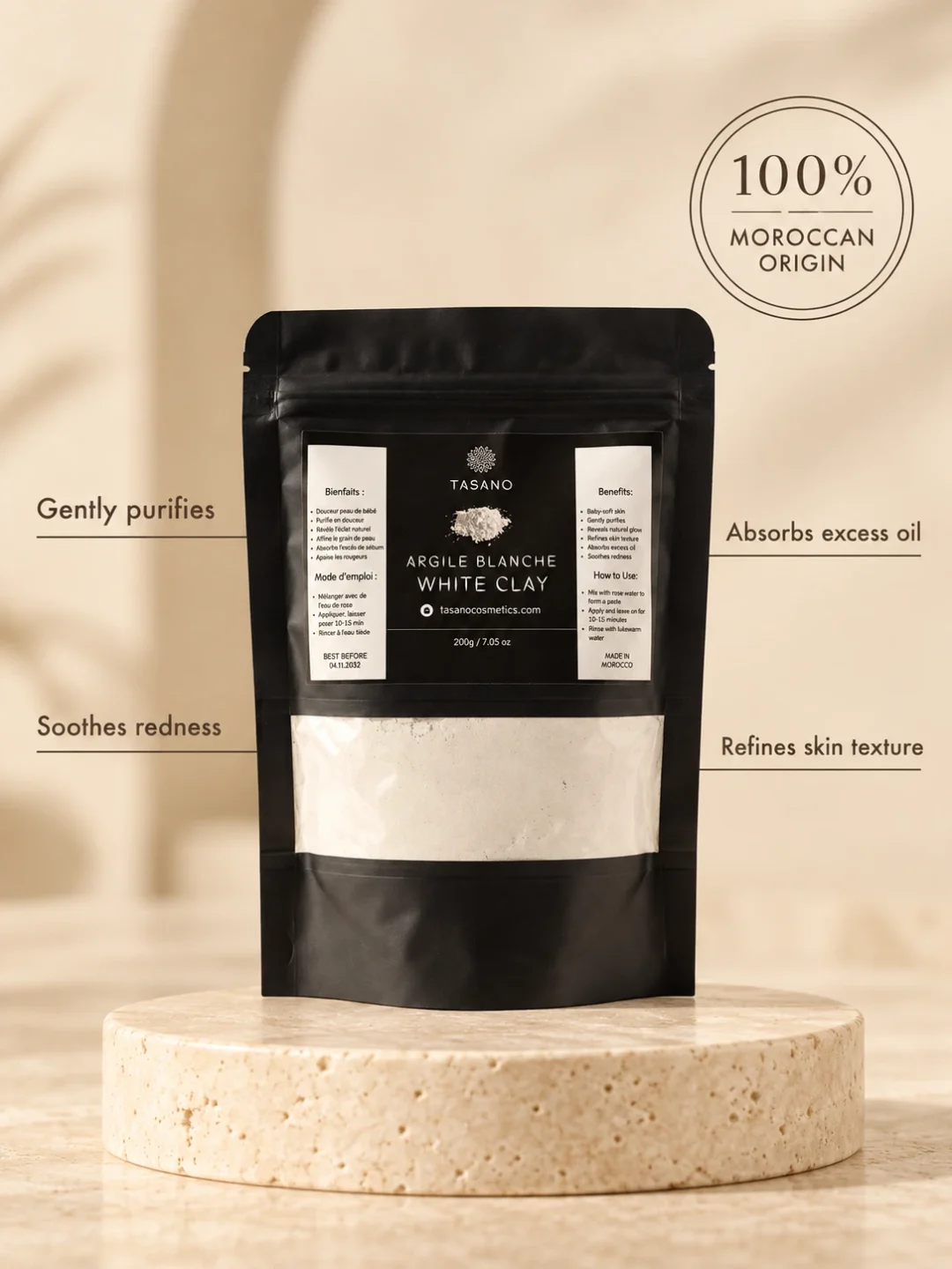 Moroccan kaolin clay mask for gentle purification, smoother texture and fresh comfortable skin Moroccan kaolin clay mask for gentle purification, smoother texture and fresh comfortable skin