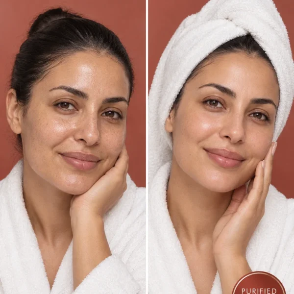 Moroccan Red Clay before and after for dull oily skin with fresher smoother radiant-looking complexion Moroccan Red Clay before and after for dull oily skin with fresher smoother radiant-looking complexion