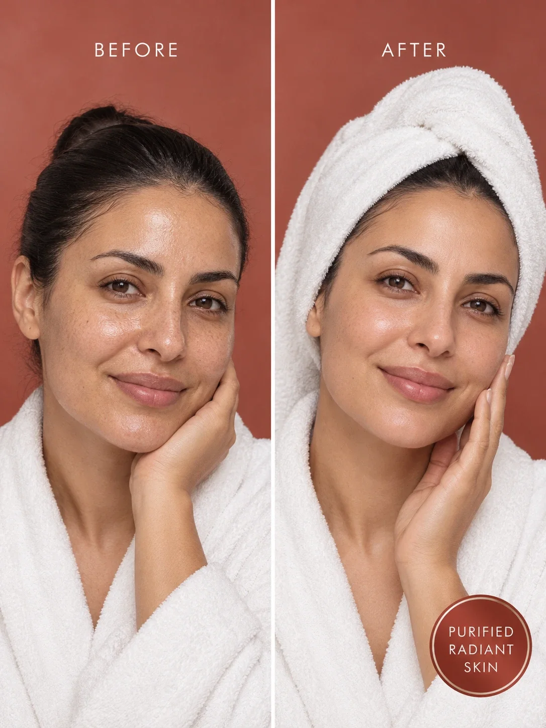 Moroccan Red Clay before and after for dull oily skin with fresher smoother radiant-looking complexion