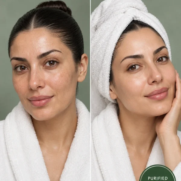 Green Clay Mask before and after for oily congested skin, visible shine and smoother-looking pores Green Clay Mask before and after for oily congested skin, visible shine and smoother-looking pores