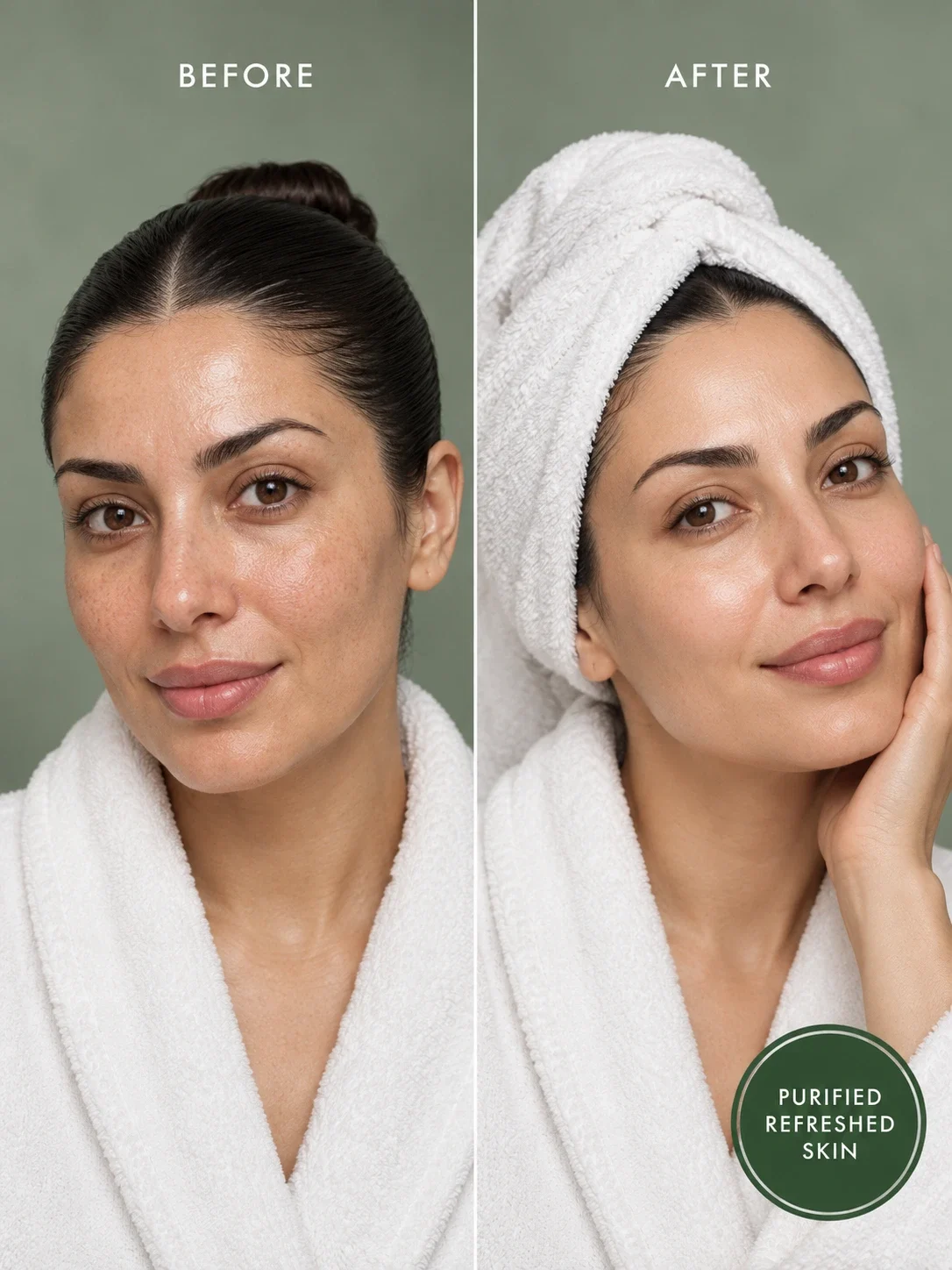 Green Clay Mask before and after for oily congested skin, visible shine and smoother-looking pores