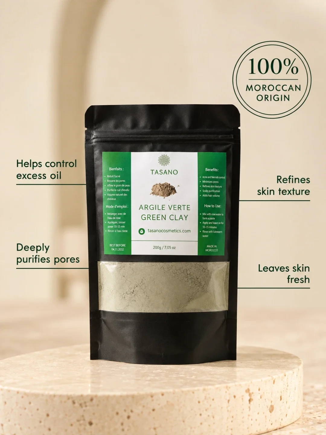 Moroccan Green Clay face mask for oil control, cleaner-looking pores and refreshed smooth skin Moroccan Green Clay face mask for oil control, cleaner-looking pores and refreshed smooth skin