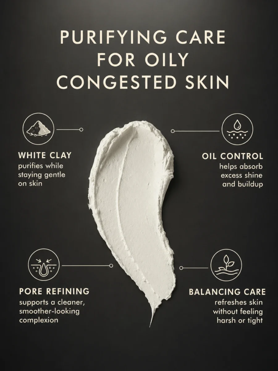 TASANO White Clay Mask texture swipe with benefits for pores oil and congestion