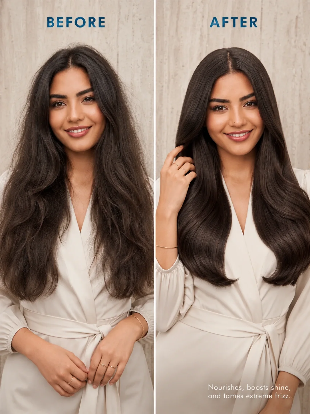 Anti frizz serum before and after for smoother hair