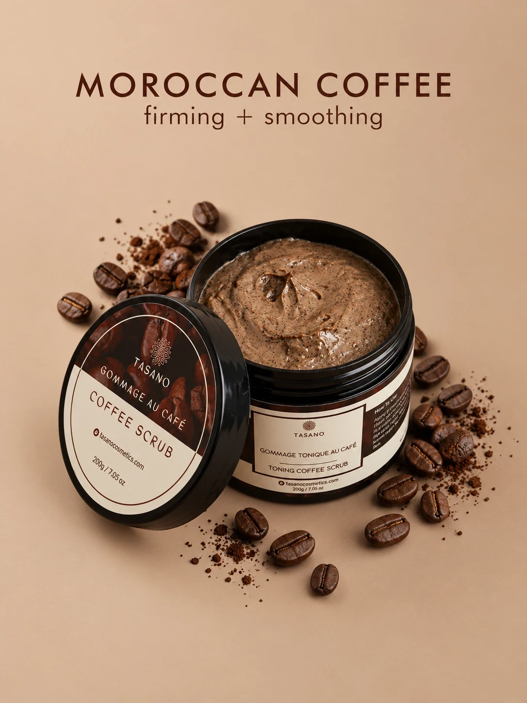 Moroccan coffee scrub with coffee for exfoliation, smoother skin and firmer-looking body skin