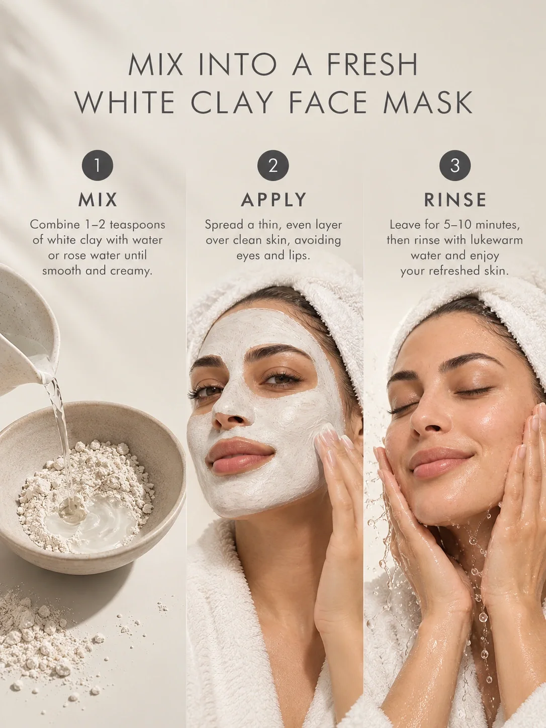 How to use Moroccan White Clay Mask with water or rose water for a fresh kaolin face mask