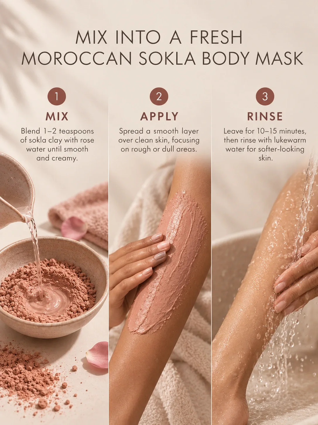 How to use Moroccan Sokla powder as a body mask for exfoliation, smooth skin and traditional hammam care