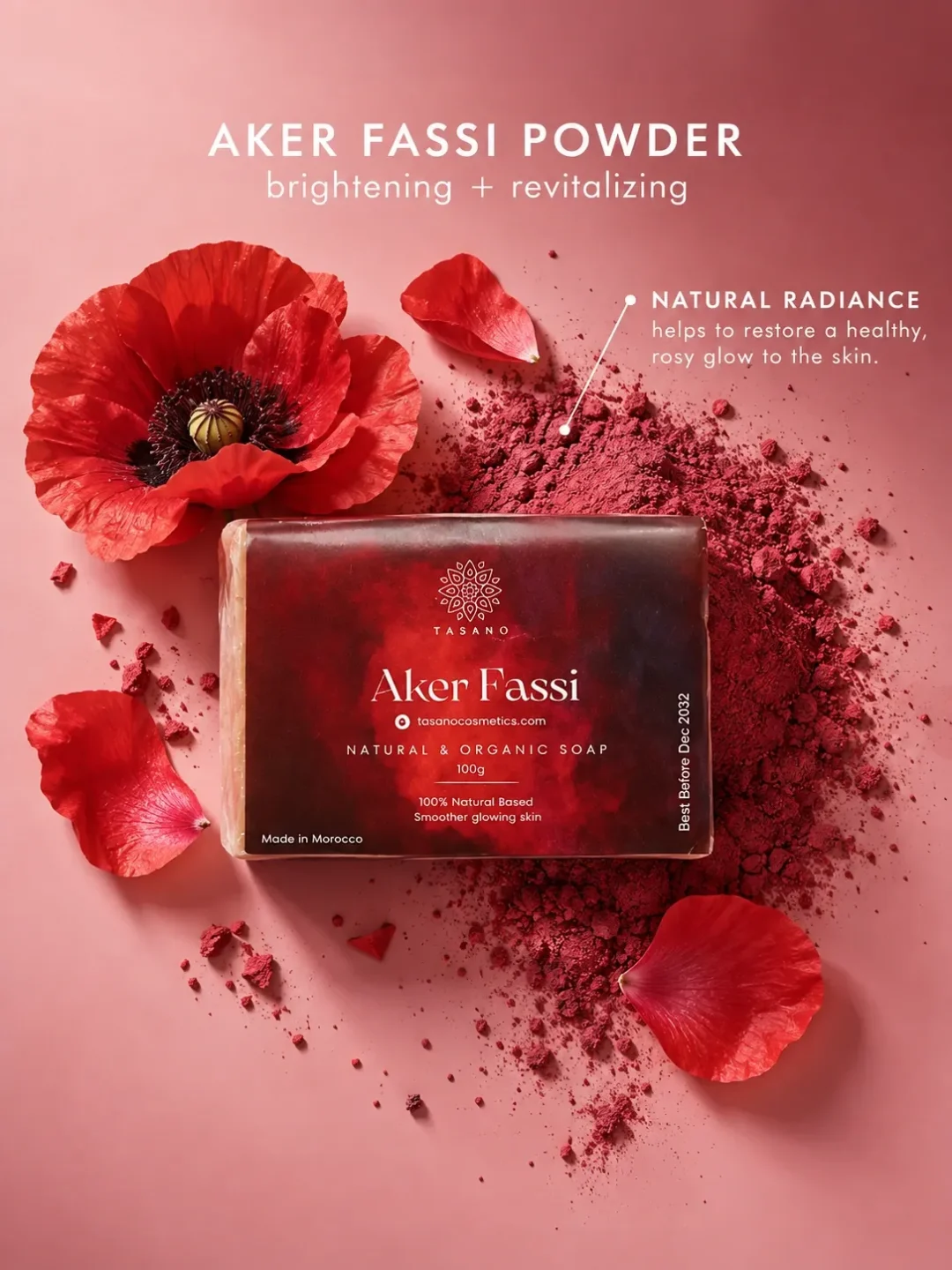 Moroccan Aker Fassi soap with traditional poppy powder for radiant glowing-looking skin