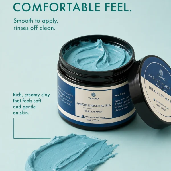 Creamy blue TASANO Nila Clay face Mask for dark spots texture showing smooth clay finish on skin