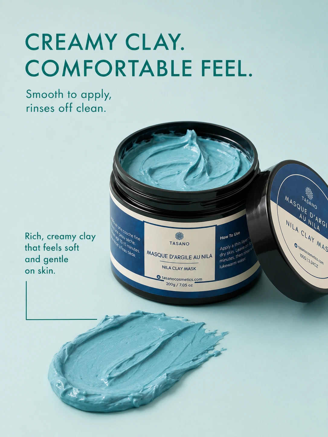 Creamy blue TASANO Nila Clay Mask texture showing smooth clay finish on skin