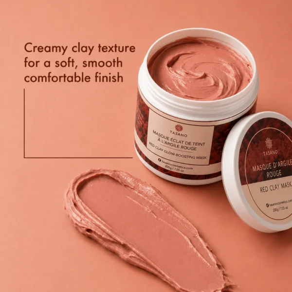 Creamy TASANO Red Clay Mask texture showing soft clay finish and smooth application Creamy TASANO Red Clay Mask texture showing soft clay finish and smooth application
