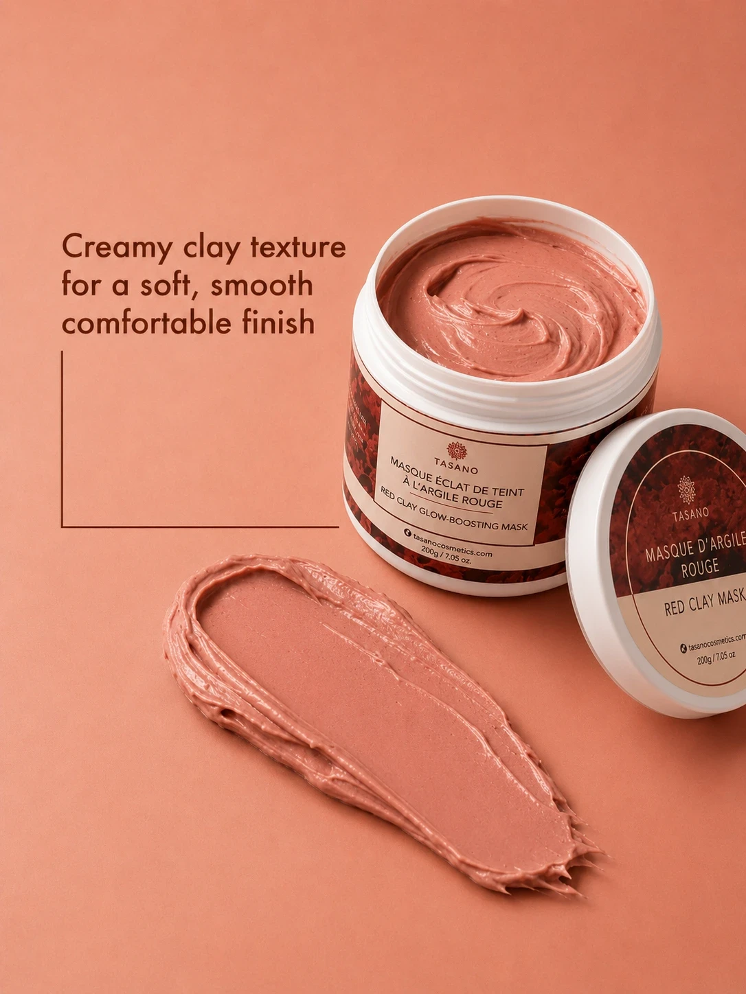 Creamy TASANO Red Clay Mask texture showing soft clay finish and smooth application