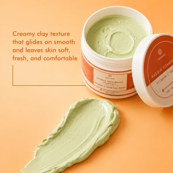 Creamy TASANO Vitamin C Mask texture showing smooth clay feel and fresh finish Creamy TASANO Vitamin C Mask texture showing smooth clay feel and fresh finish