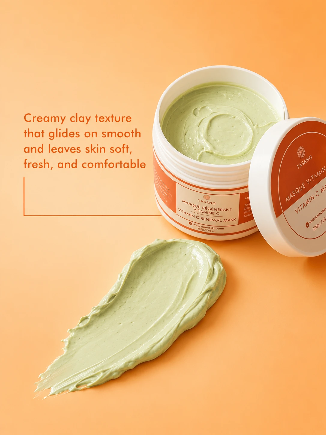 Creamy TASANO Vitamin C Mask texture showing smooth clay feel and fresh finish