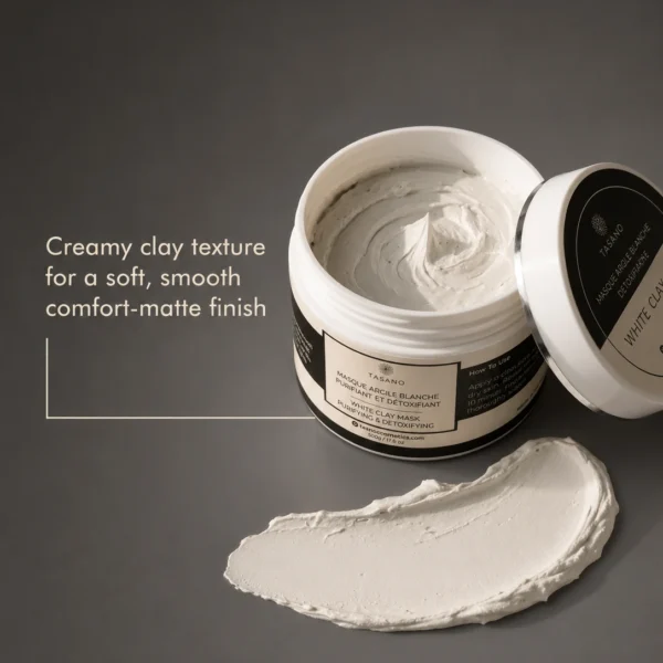 Creamy TASANO White Clay Mask texture showing soft purifying clay finish Creamy TASANO White Clay Mask texture showing soft purifying clay finish