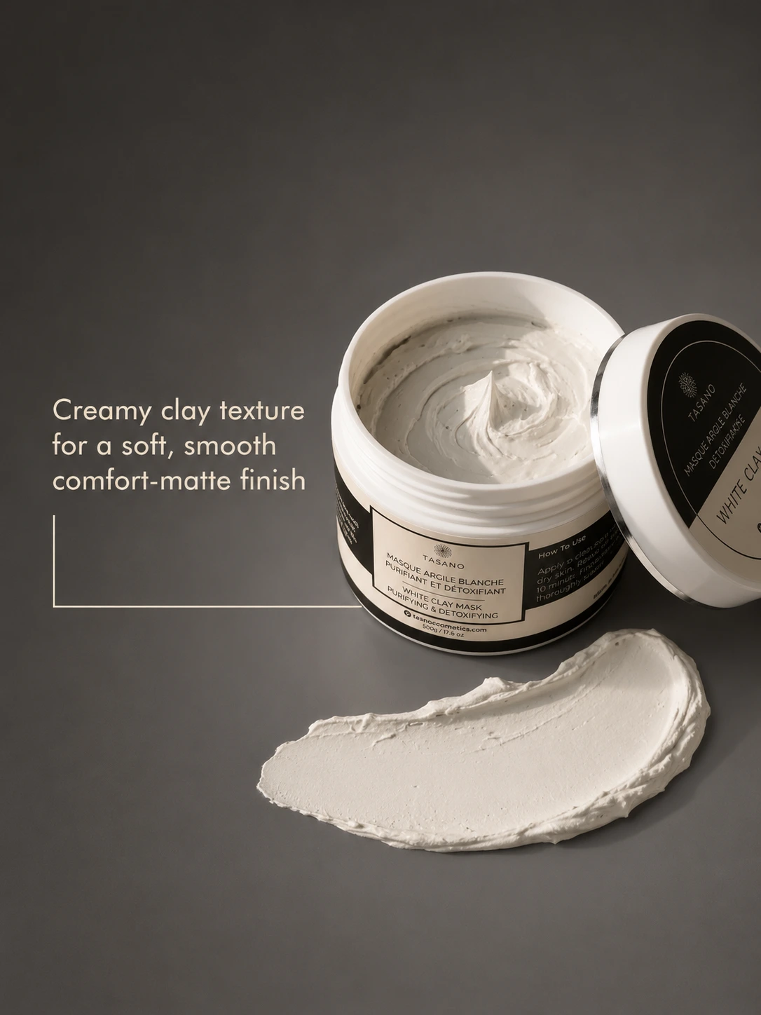Creamy TASANO White Clay Mask texture showing soft purifying clay finish