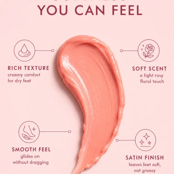Rich foot cream texture for dry feet, soft heels, smooth skin, and comfortable moisture
