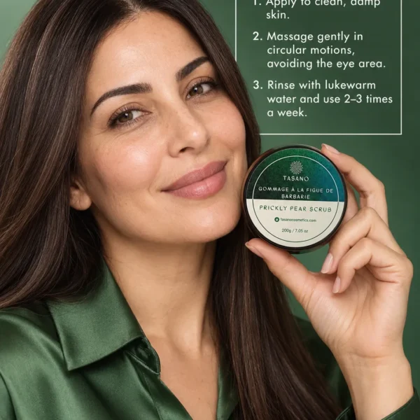 How to use prickly pear firming scrub, Moroccan anti-aging facial exfoliator for mature skin