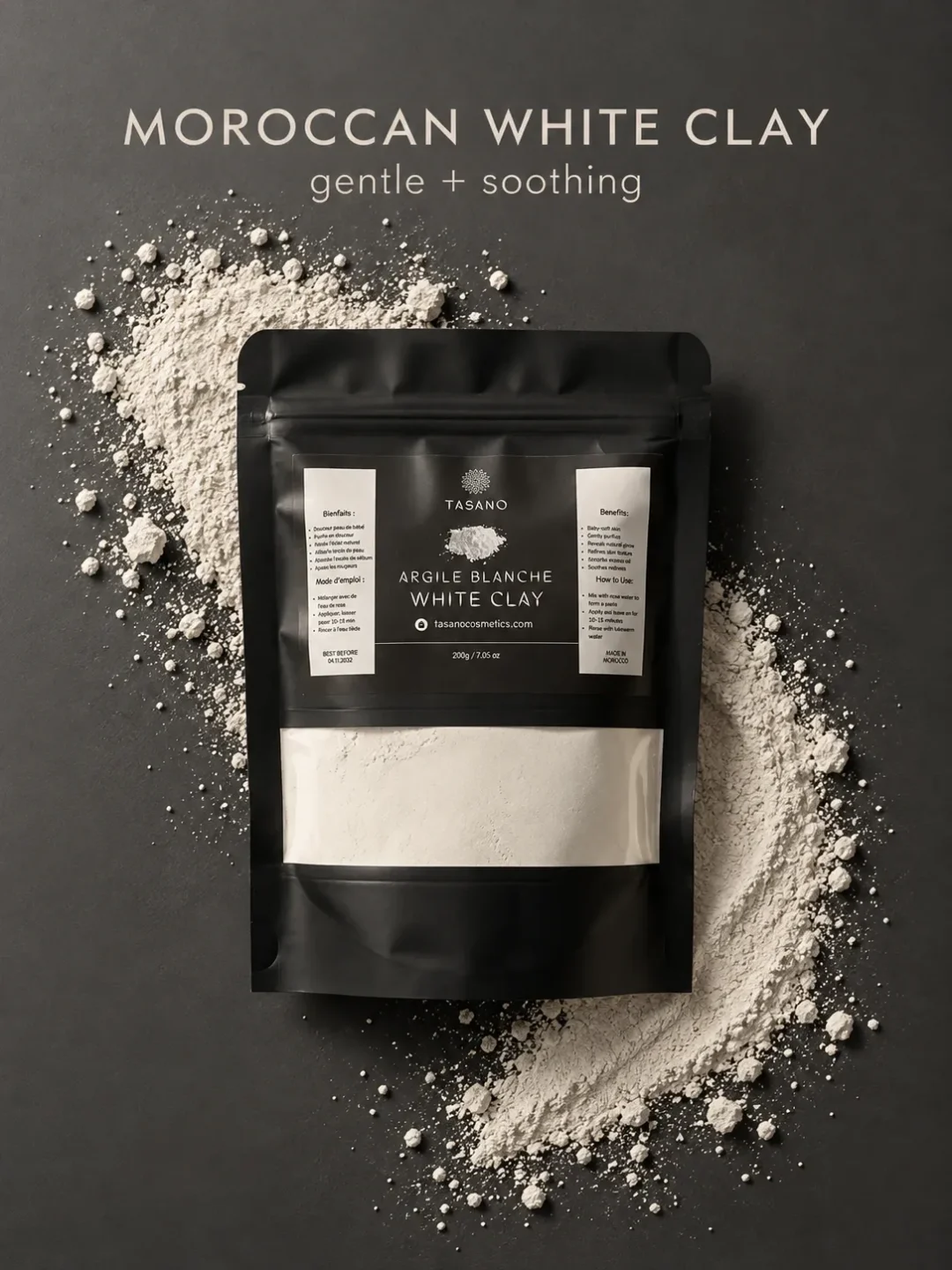 Moroccan White Clay kaolin powder made in Morocco for gentle purifying face mask skincare Moroccan White Clay kaolin powder made in Morocco for gentle purifying face mask skincare