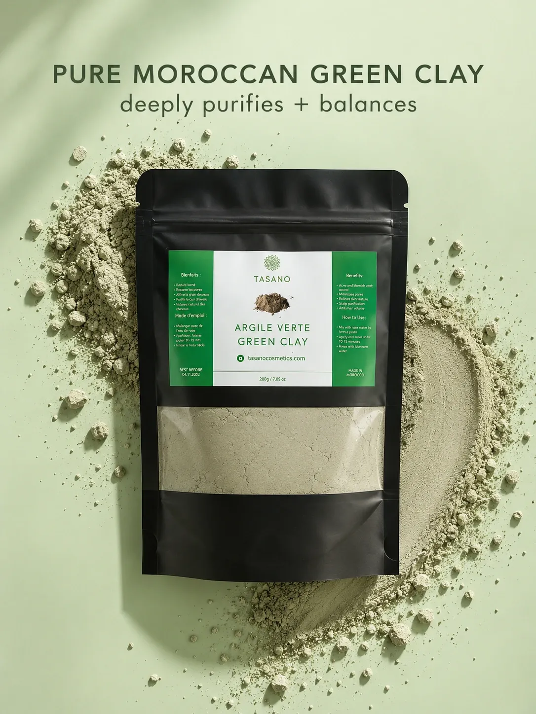 Moroccan Green Clay powder for oily skin, purifying face masks and excess oil absorption