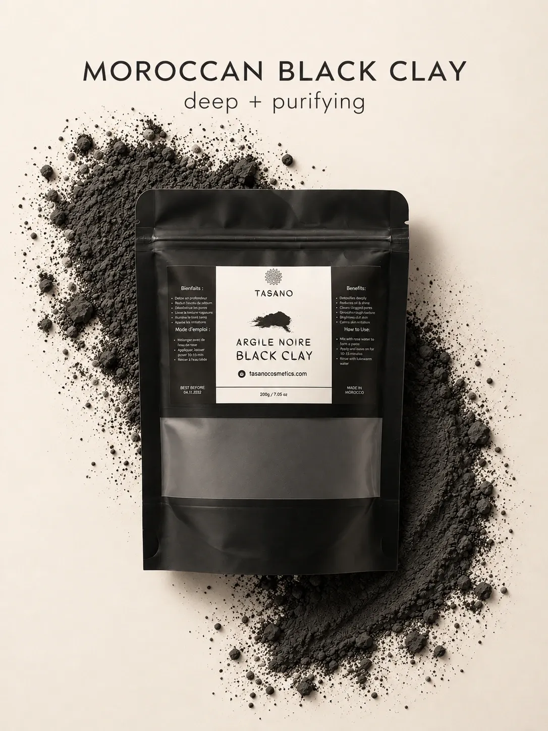 Moroccan Black Clay powder made in Morocco for purifying face masks and oily skin care