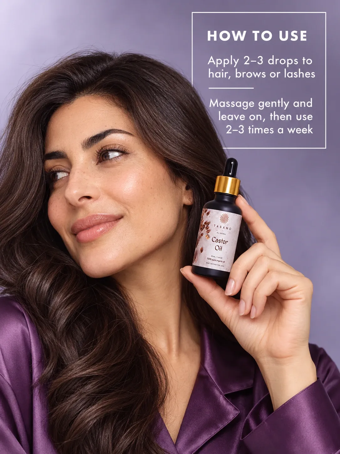 How to use Castor Oil for hair, scalp, lashes and brows, apply a small amount directly or blend with lighter oils