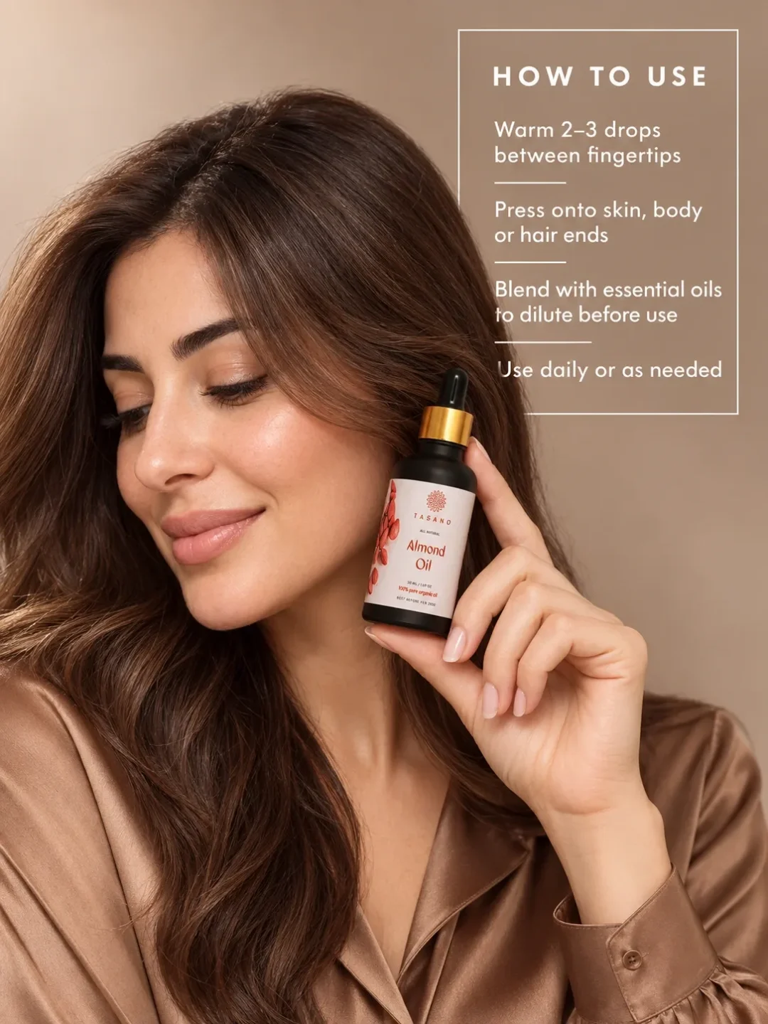 How to use Sweet Almond Oil for skin, body and hair, apply directly as a moisturizer, massage oil or hair treatment How to use Sweet Almond Oil for skin, body and hair, apply directly as a moisturizer, massage oil or hair treatment