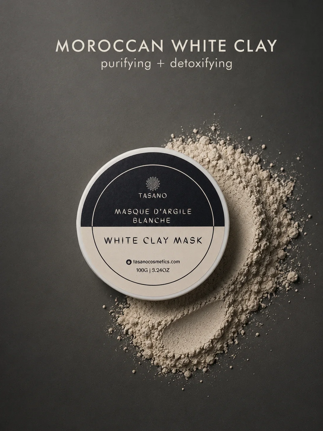 TASANO White Clay Mask with white clay powder for purifying and refined looking skin