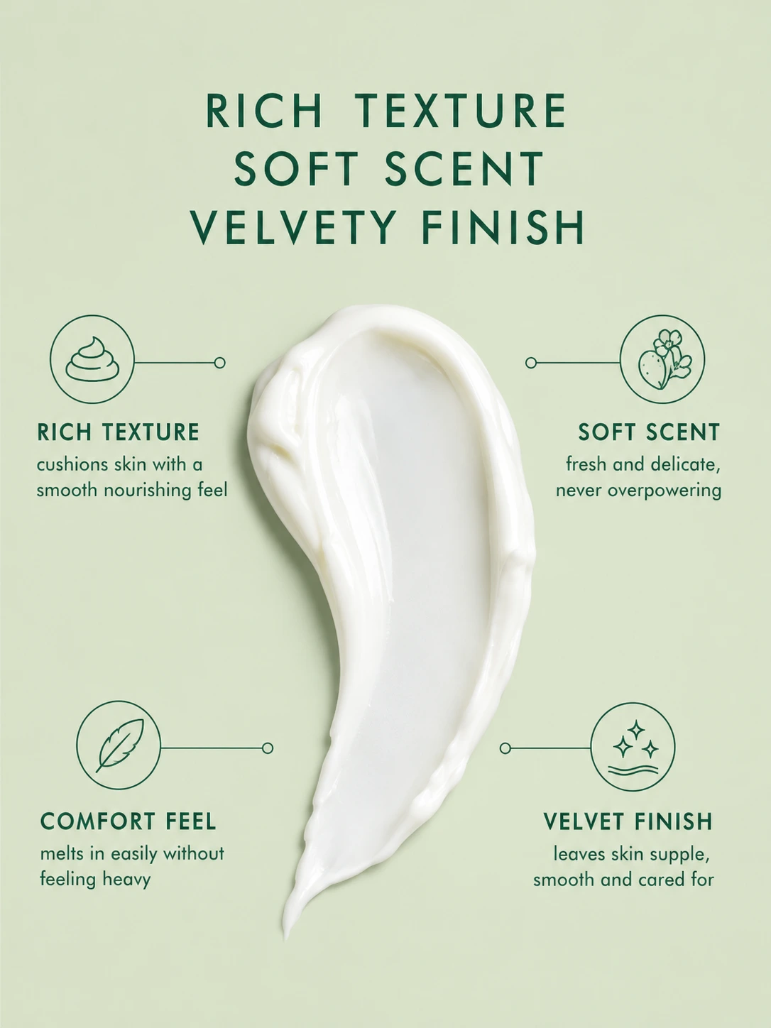 Rich prickly pear cream texture for smooth, nourished, comfortable skin with a soft finish