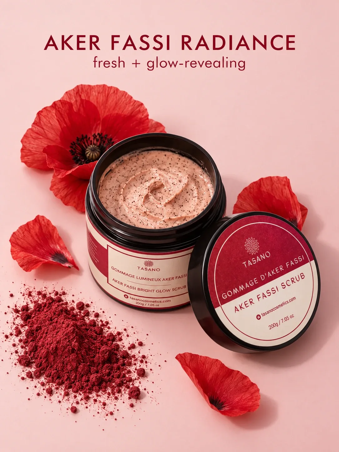 Moroccan Aker Fassi scrub with poppy petals and Aker Fassi for radiant skin and natural rosy glow