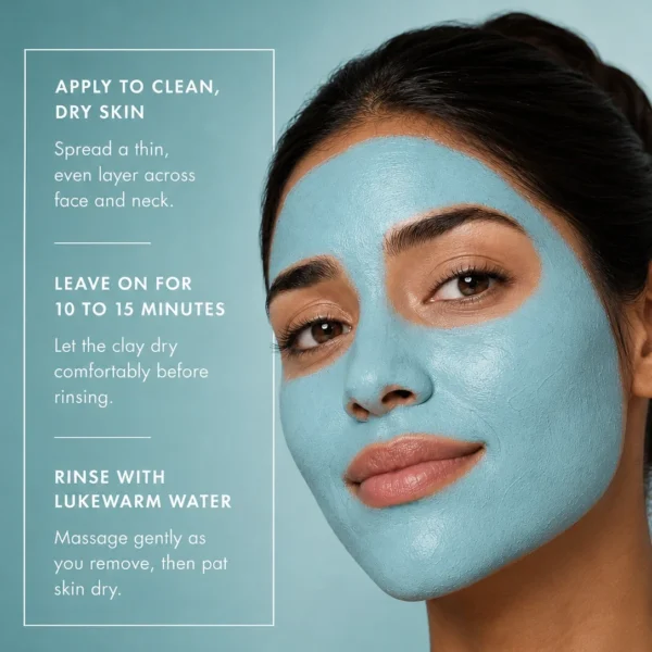 Moroccan model wearing TASANO Nila Clay face Mask for dark spots with simple application steps