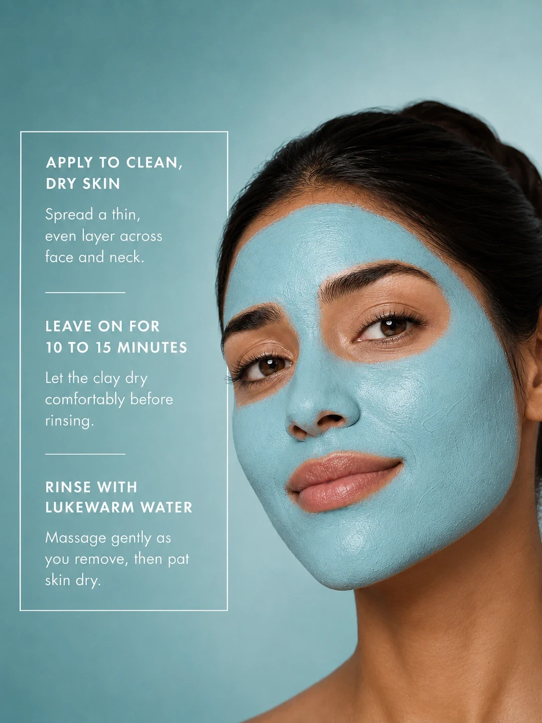 Moroccan model wearing TASANO Nila Clay Mask with simple application steps