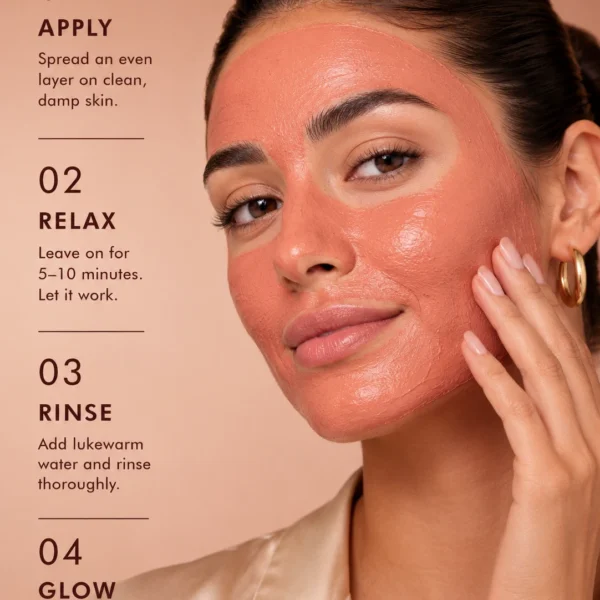 Moroccan model wearing TASANO Red Clay Mask with simple face mask application steps Moroccan model wearing TASANO Red Clay Mask with simple face mask application steps