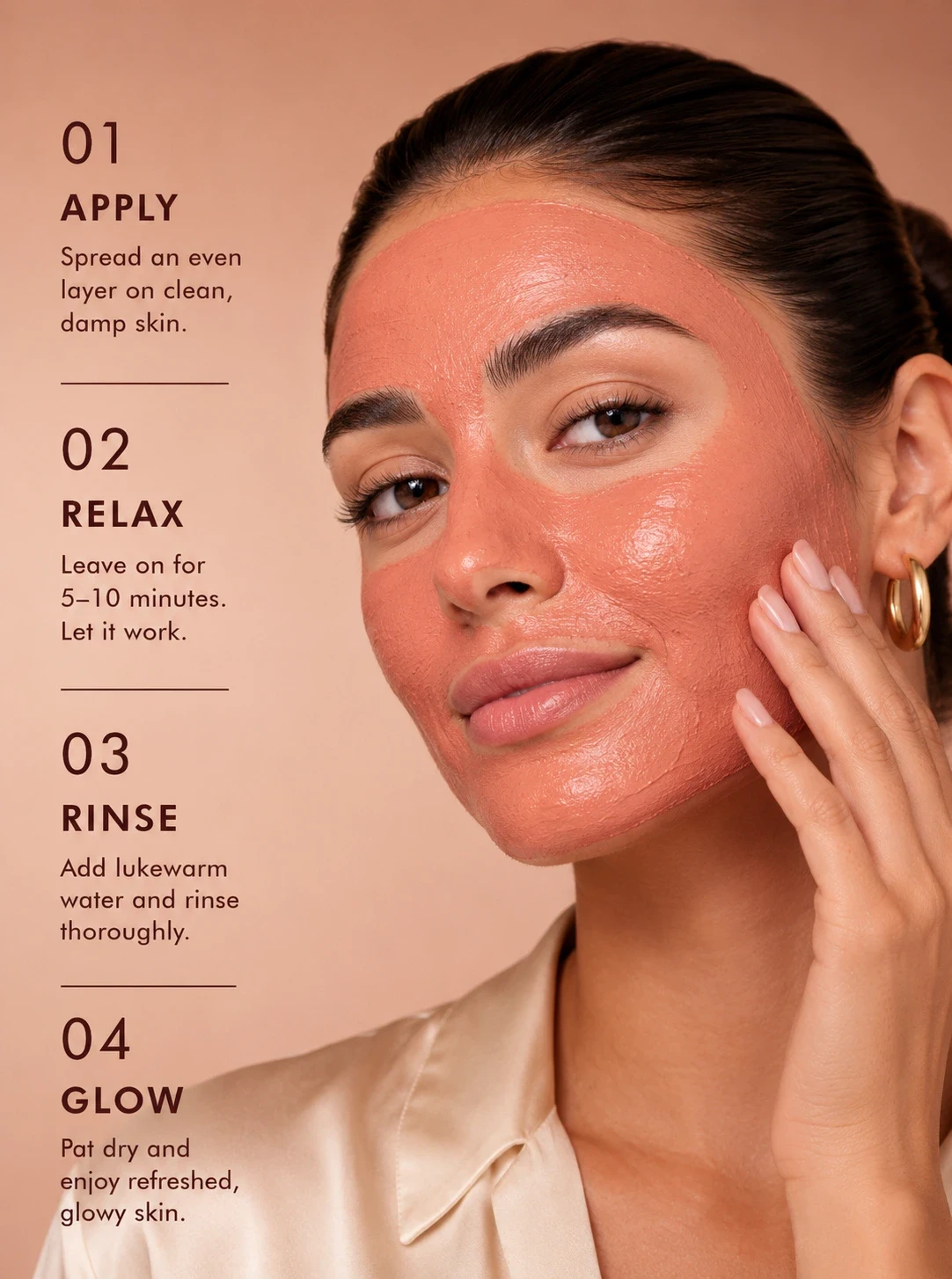 Moroccan model wearing TASANO Red Clay Mask with simple face mask application steps