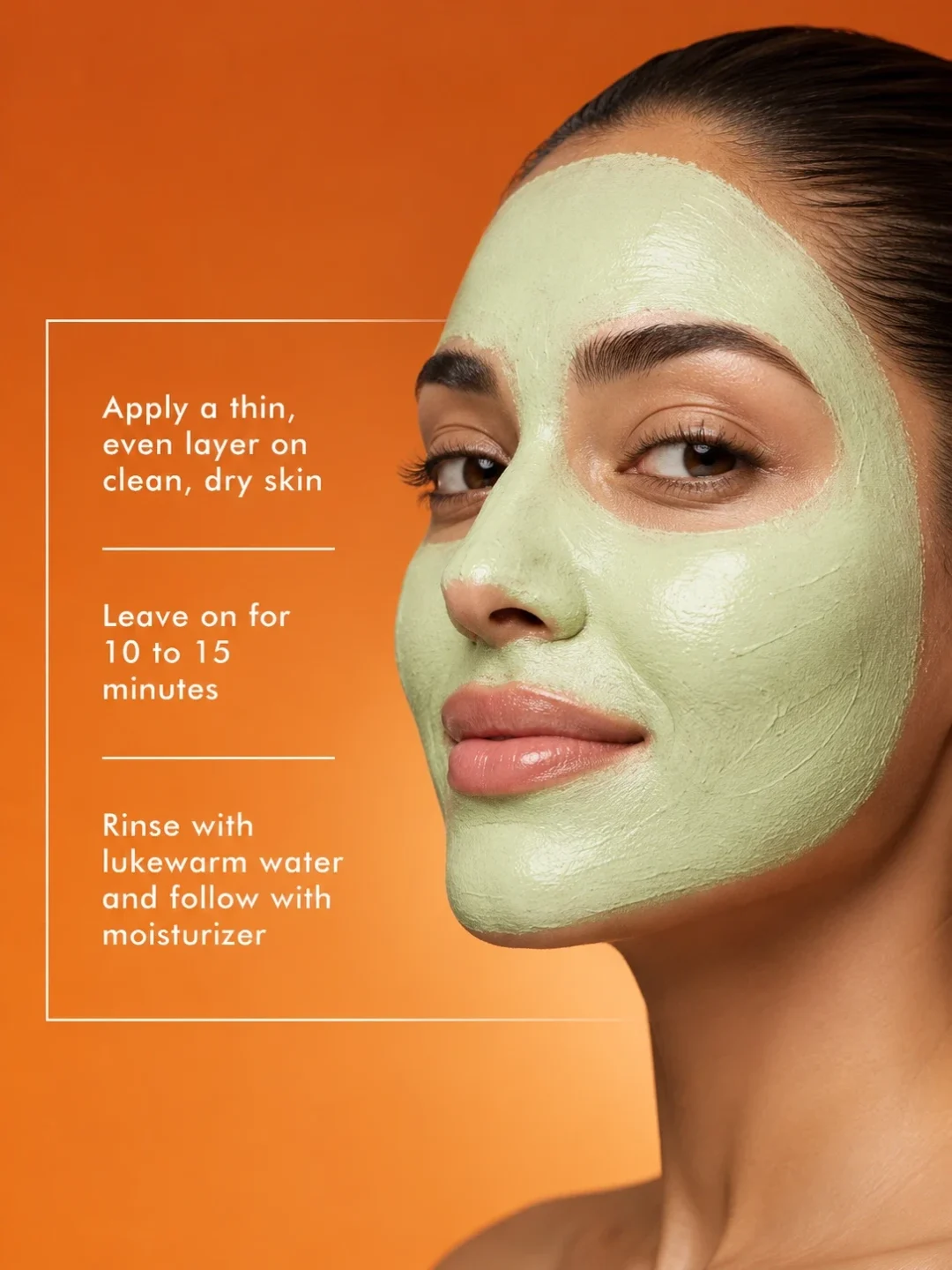 Moroccan model wearing TASANO Vitamin C Mask with simple application instructions Moroccan model wearing TASANO Vitamin C Mask with simple application instructions