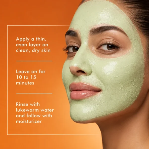 Moroccan model wearing TASANO Vitamin C Mask with simple application instructions Moroccan model wearing TASANO Vitamin C Mask with simple application instructions