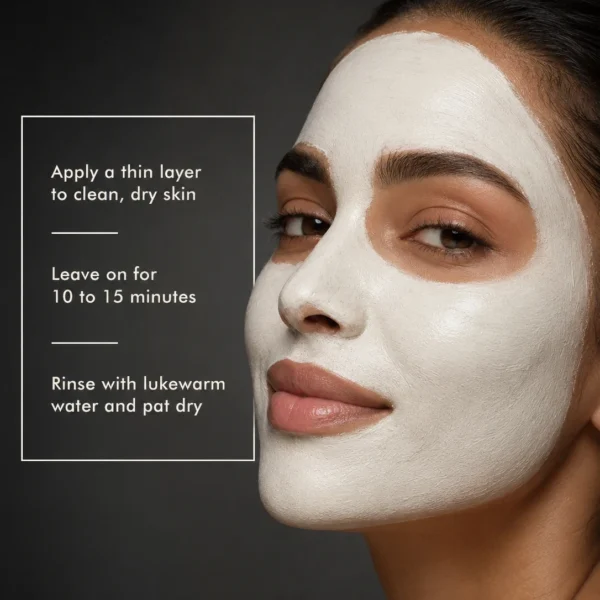 Moroccan model wearing TASANO White Clay Mask with simple application steps Moroccan model wearing TASANO White Clay Mask with simple application steps