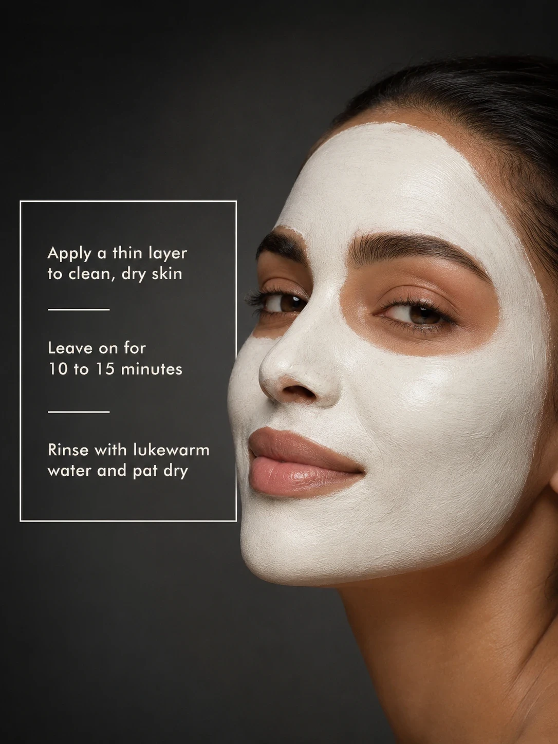 Moroccan model wearing TASANO White Clay Mask with simple application steps