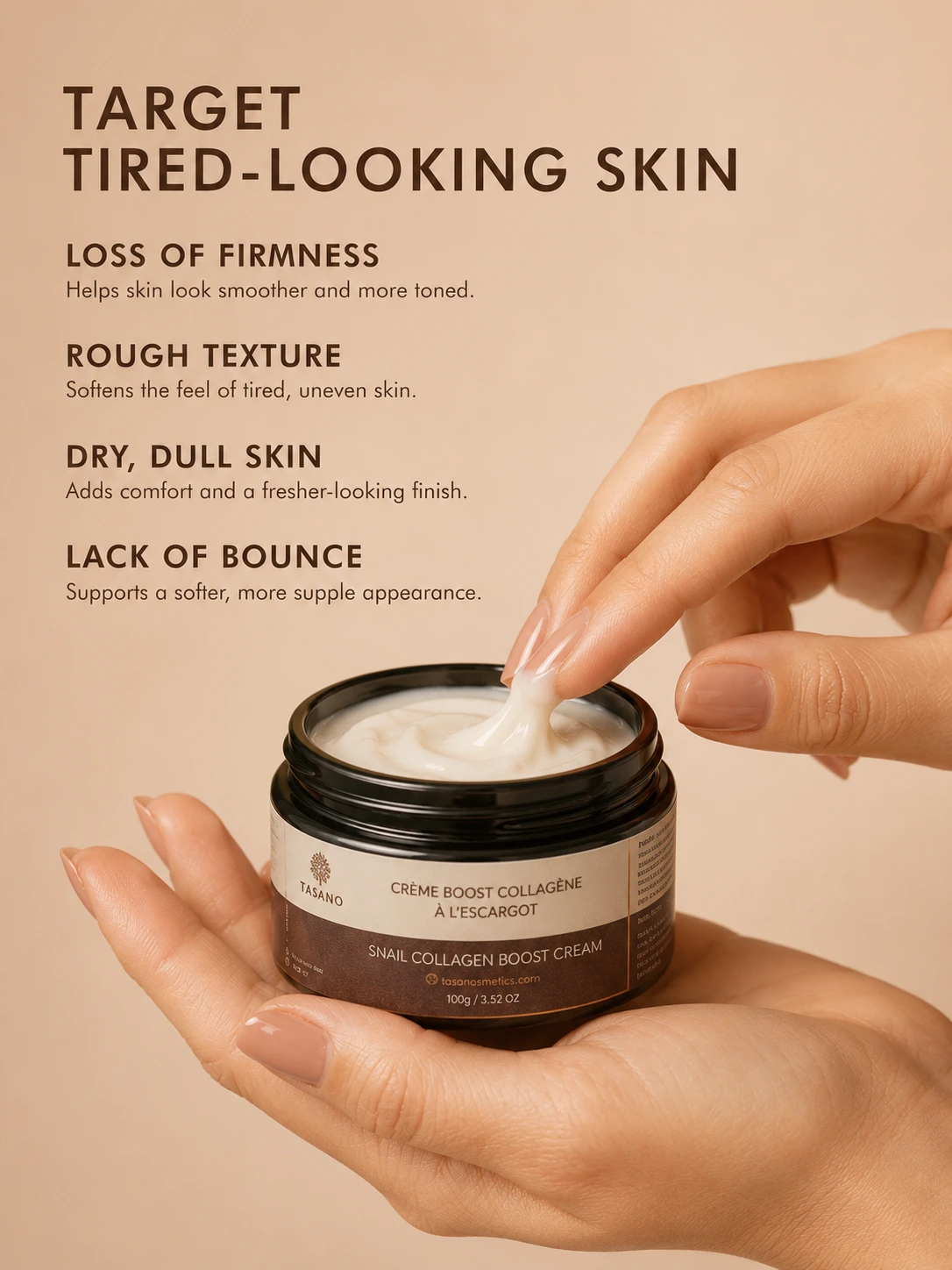 Snail collagen cream for fine lines, wrinkles, dry skin, rough texture, and firmness loss