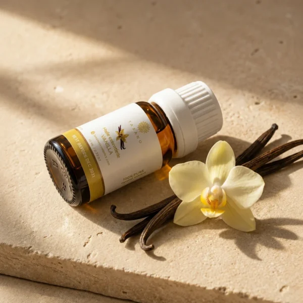 TASANO Vanilla Essential Oil styled with vanilla beans, vanilla flower, golden oil drops, and sunlit beige stone.