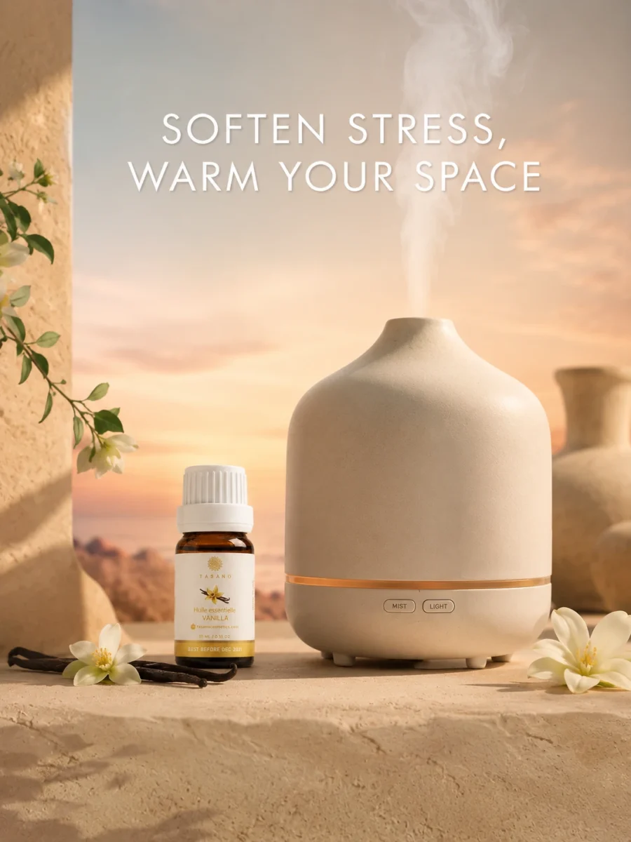 TASANO Vanilla Essential Oil beside an active diffuser for a warm, sweet, comforting aromatherapy atmosphere.