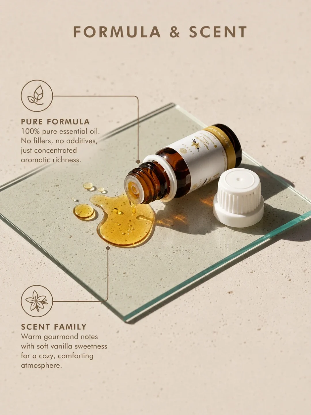TASANO Vanilla Essential Oil with golden oil texture, 100% pure formula, and warm sweet gourmand scent profile.