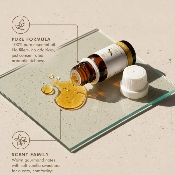 TASANO Vanilla Essential Oil with golden oil texture, 100% pure formula, and warm sweet gourmand scent profile.